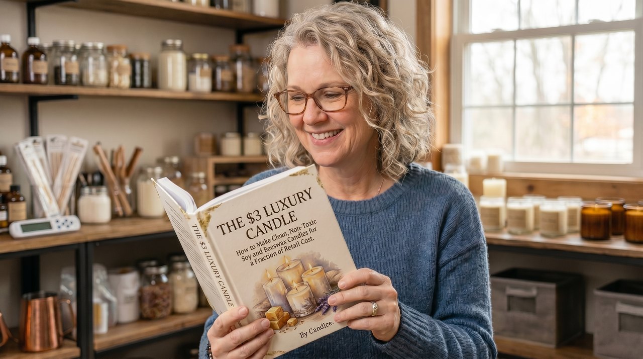 Candice reading The $3 Luxury Candle in her home candle workshop